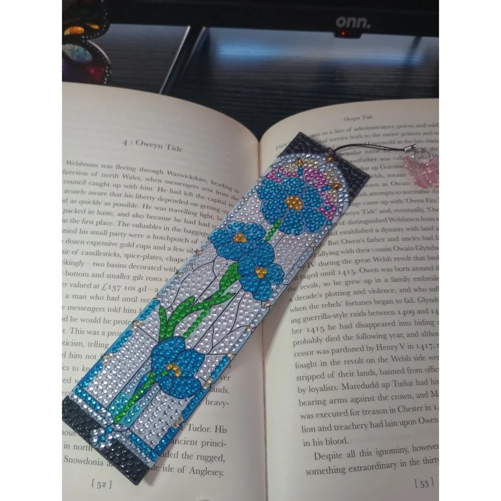 Handmade Diamond Art Bookmark Blue Floral Stained Glass Design w/ Butterfly...